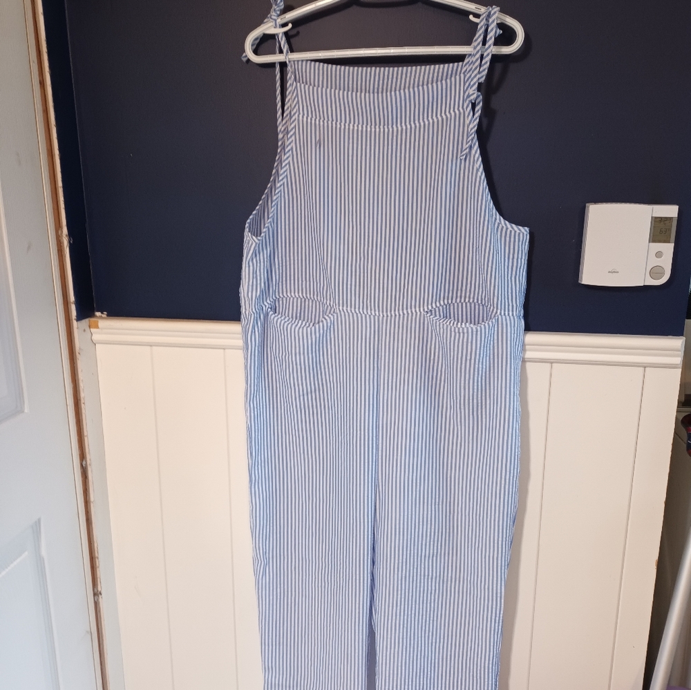 Ladies L Searsucker romper Blue And White Stripes